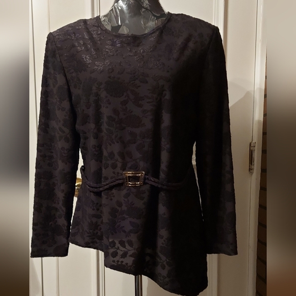 Joseph Ribkoff Tops - Joseph Ribkoff Vintage Black Tonal Floral Jacquard Asymmetrical Tunic Top